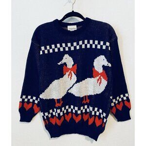 Carriage Court Sweater Womens Medium Navy Blue Goose Novelty Cottagecore 80s